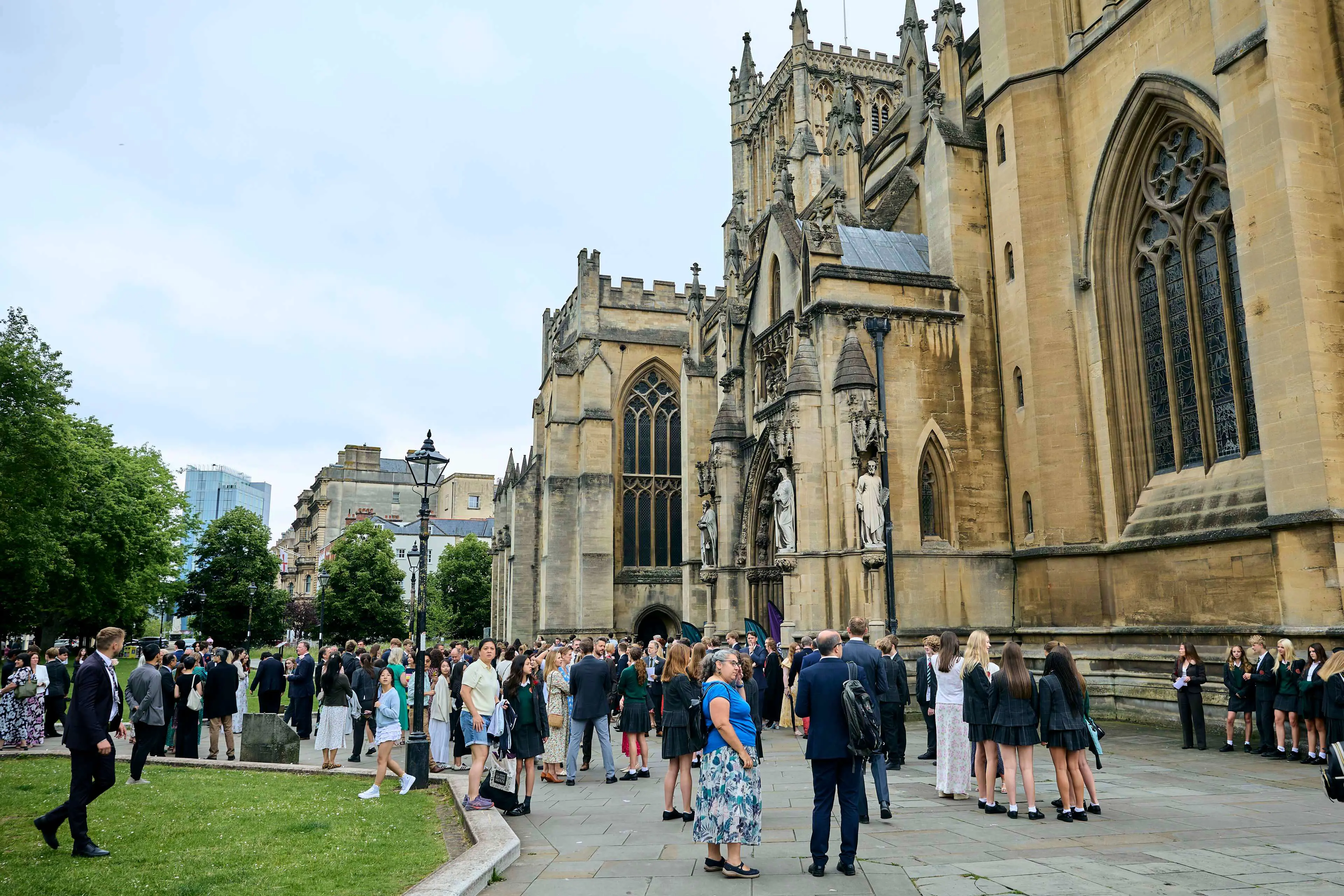 Pupils, families and staff gathered outside Bristol Cathedral during a Clifton High School summer celebration event.